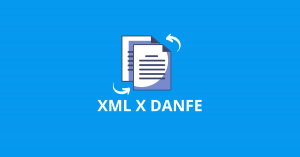 Imagem com o fundo azul. Icone de documentos com setas. Escrito XML e DANFE